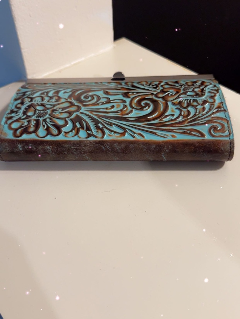 Patricia Nash Turquoise Tooled Floral Leather Wallet Clutch with Brown Accents, - Picture 5 of 6